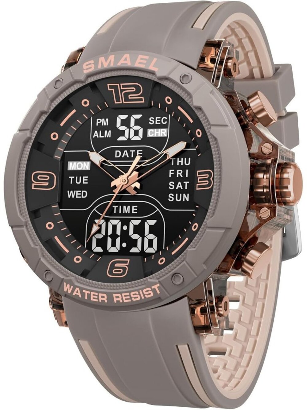 Men's Brown Analog Digital LED Backlight Stopwatch Silicone Band Wrist Watch